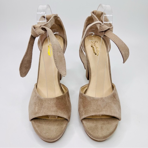 Seychelles Journey Taupe Suede Leather Platform Peep Toe Ankle Tie Blocked Heels - Picture 8 of 11